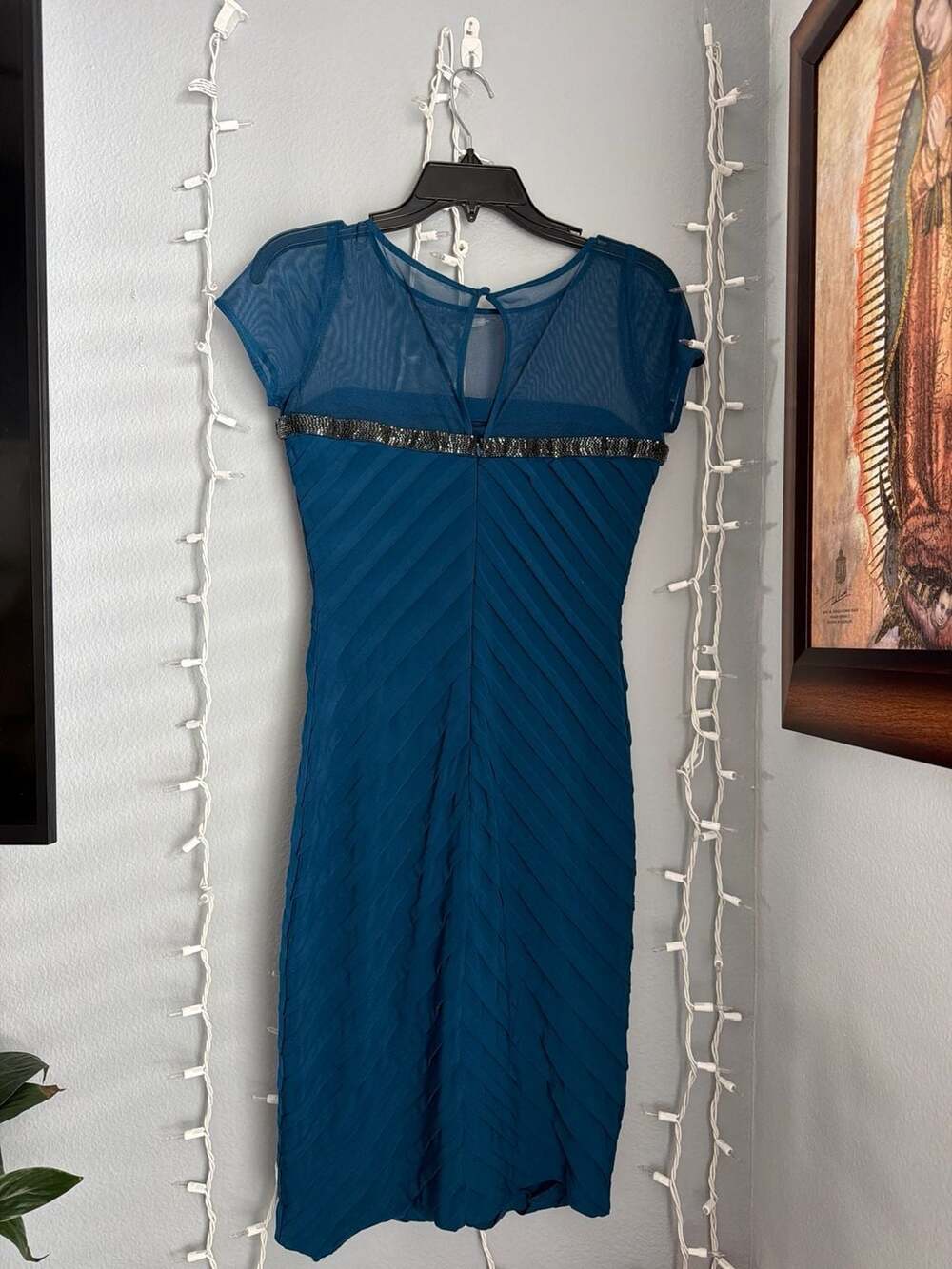 Calvin Klein Teal Mesh Yoke Beaded Chevron Pleated Sheath Dress - Picture 9 of 12